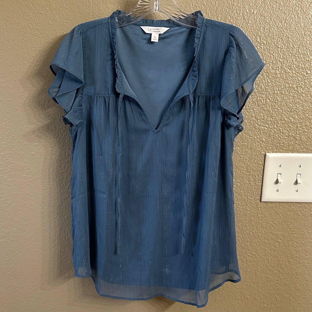LC Lauren Conrad Blue Shimmer Ruffle Sleeve Blouse